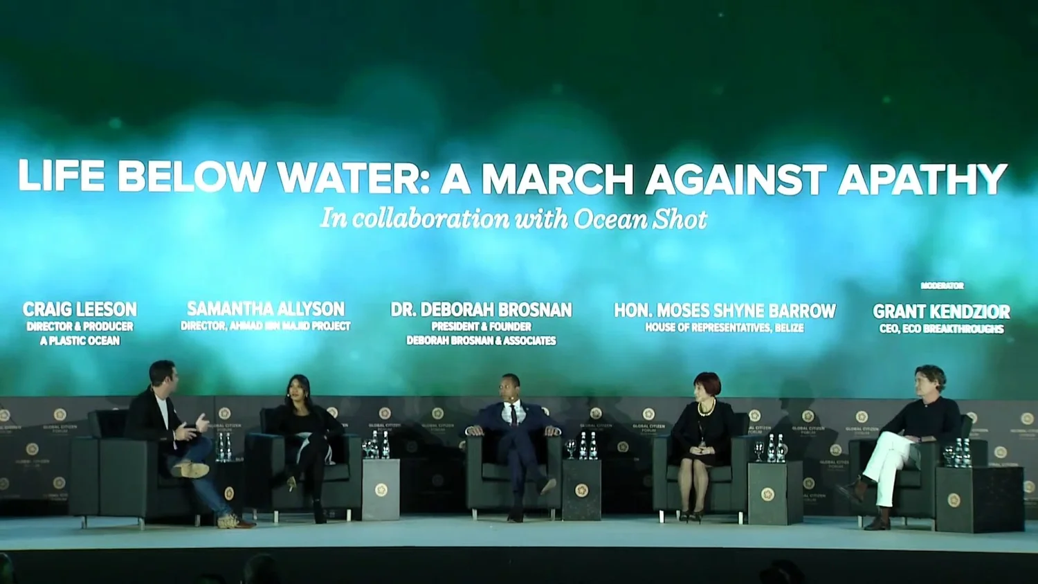 Grant Kendzior moderating a five-person panel titled “Life Below Water: A March Against Apathy” at the Global Citizen Forum
